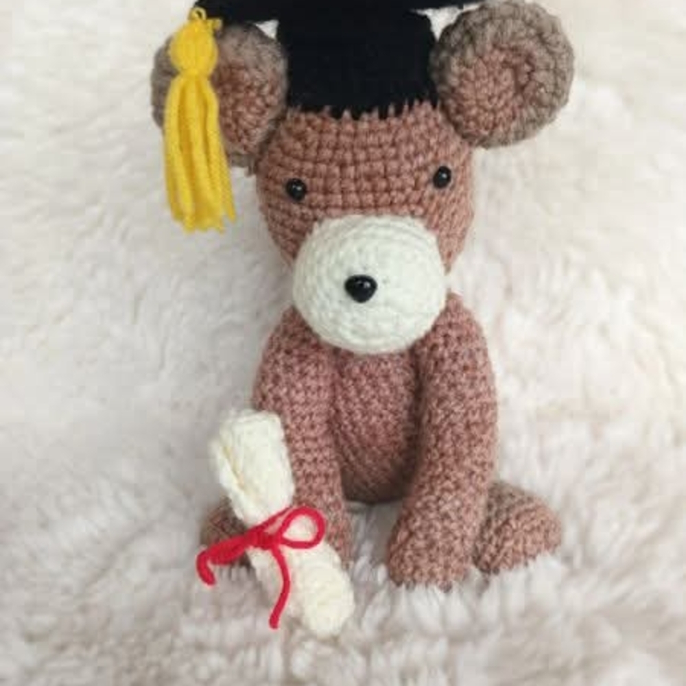Handmade Brown Crochet Bear with Graduation Cap